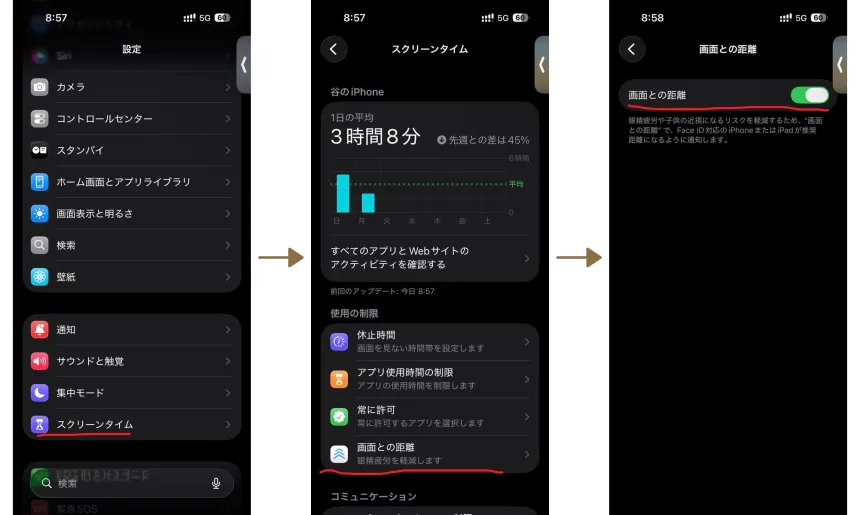 スクリーン距離の設定手順(1→2→3)